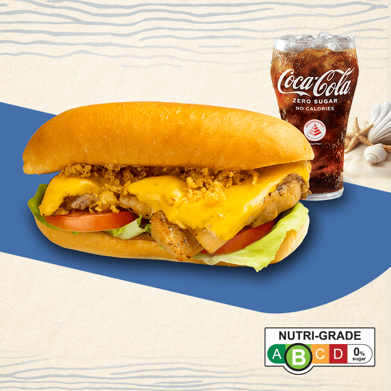 A delicious cheesy sandwich with lettuce and tomato, served with a refreshing Coca-Cola Zero Sugar.
