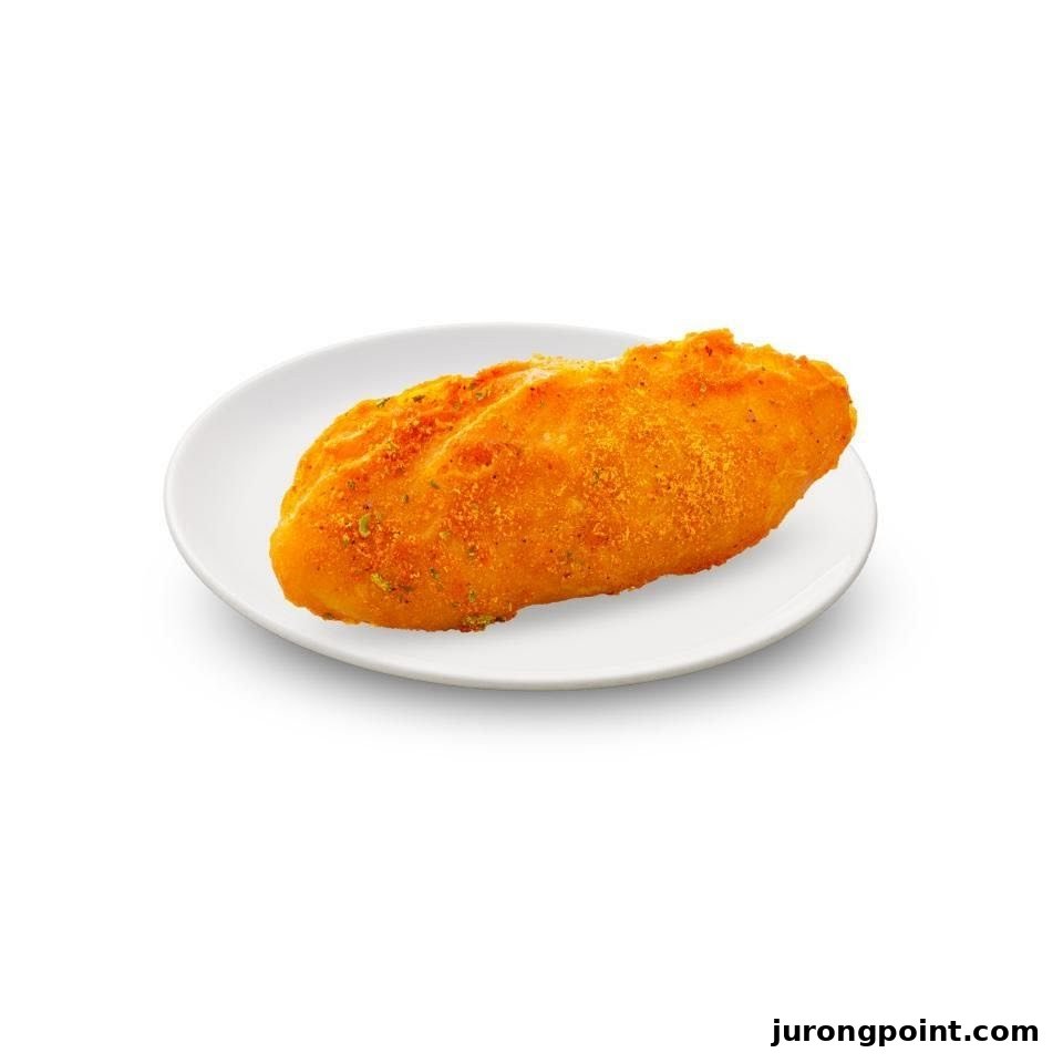 A golden-brown breaded fish fillet served on a simple white plate.