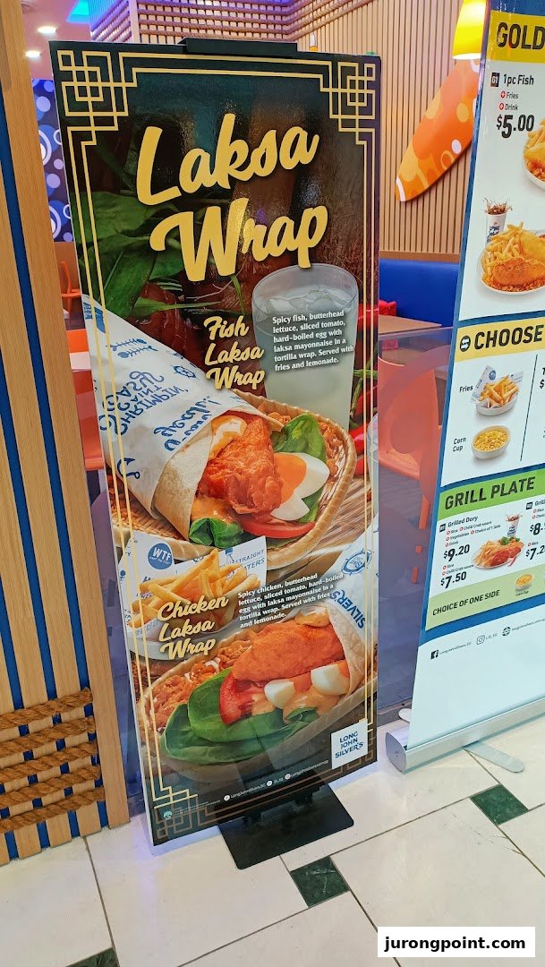 Promotional banners for Laksa Wraps and other menu items at Long John Silver's.