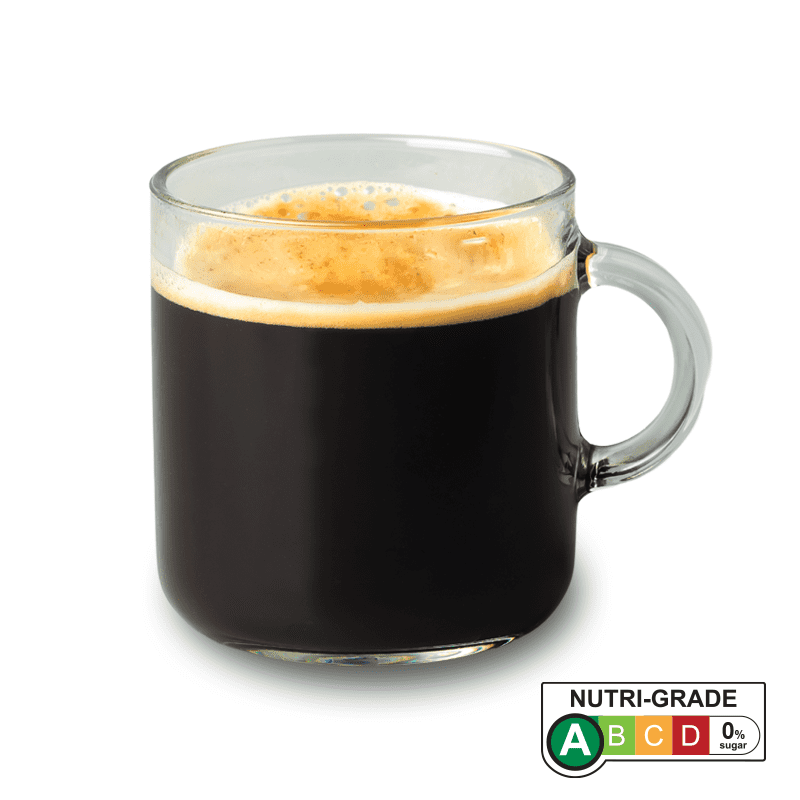 A clear glass mug filled with black coffee, topped with rich crema, and a Nutri-Grade A label.