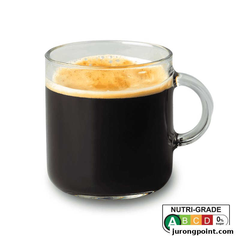 A clear glass mug filled with black coffee, topped with rich crema, and a Nutri-Grade A label.