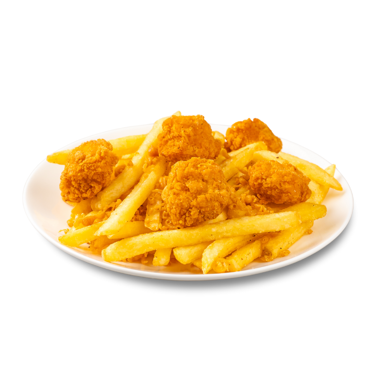 A white plate filled with golden french fries and crispy fried seafood pieces.
