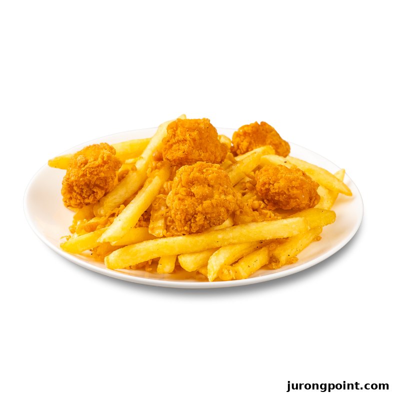 A white plate filled with golden french fries and crispy fried seafood pieces.