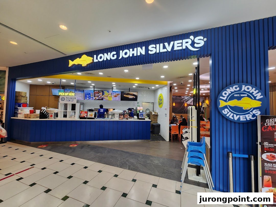 The vibrant blue and yellow storefront of Long John Silver's, a popular seafood fast-food restaurant.