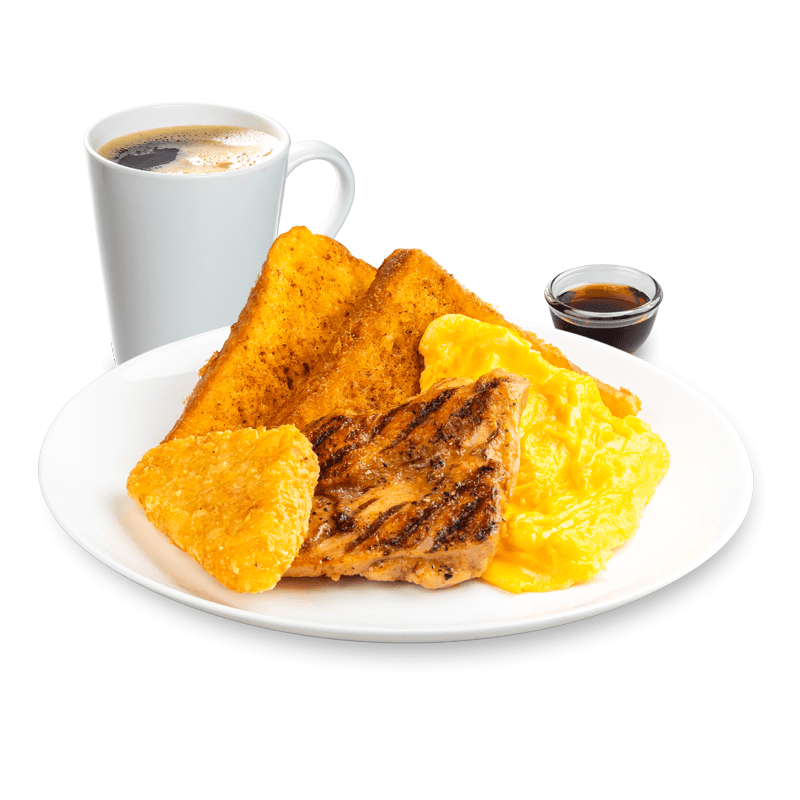 A breakfast plate featuring French toast, scrambled eggs, grilled fish, hash brown, and a cup of coffee.