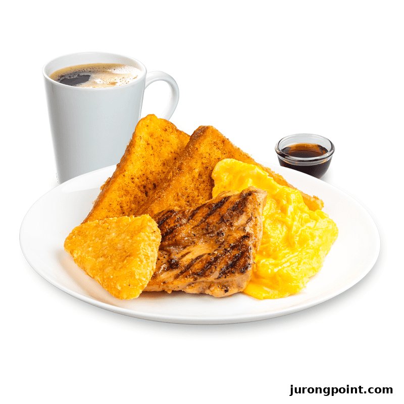 A breakfast plate featuring French toast, scrambled eggs, grilled fish, hash brown, and a cup of coffee.