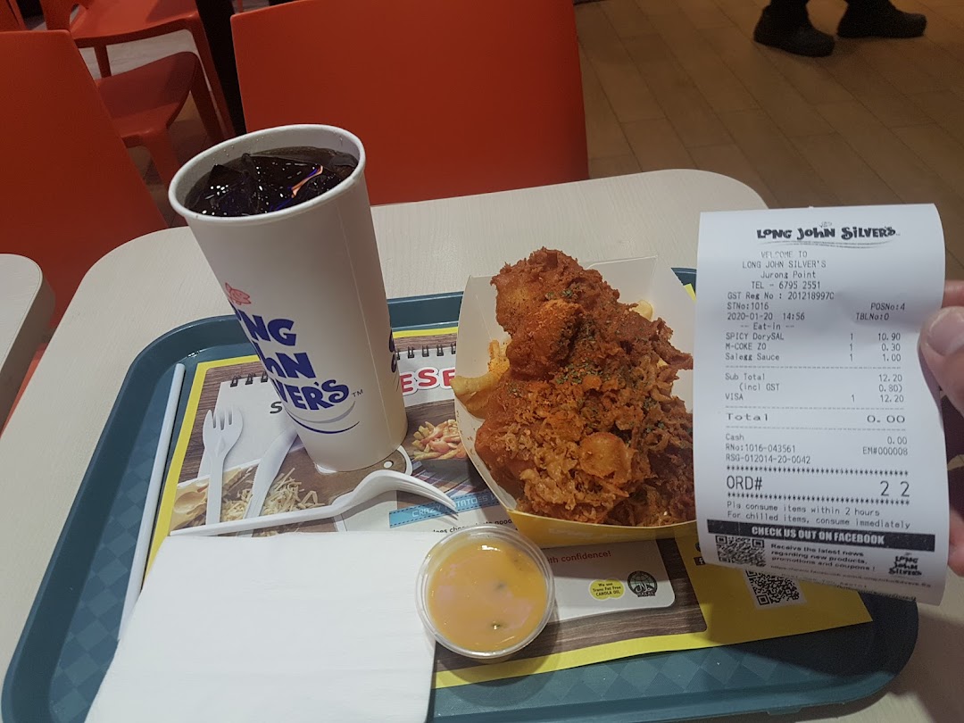 A delicious Long John Silver's meal with fried fish, fries, a drink, and a receipt.