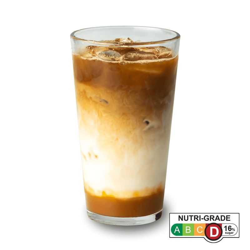 A refreshing layered iced coffee or latte in a clear glass, with a Nutri-Grade D label.