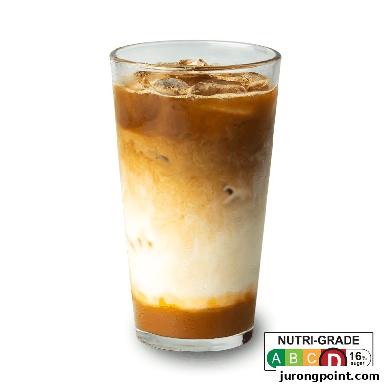 A refreshing layered iced coffee or latte in a clear glass, with a Nutri-Grade D label.