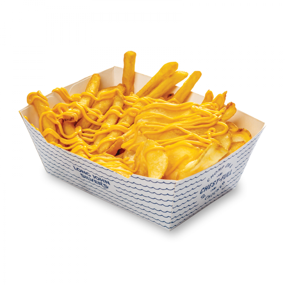 A container of golden fries generously topped with melted cheese sauce from Long John Silvers.