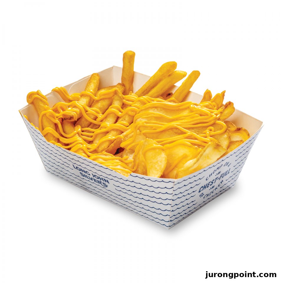 A container of golden fries generously topped with melted cheese sauce from Long John Silvers.