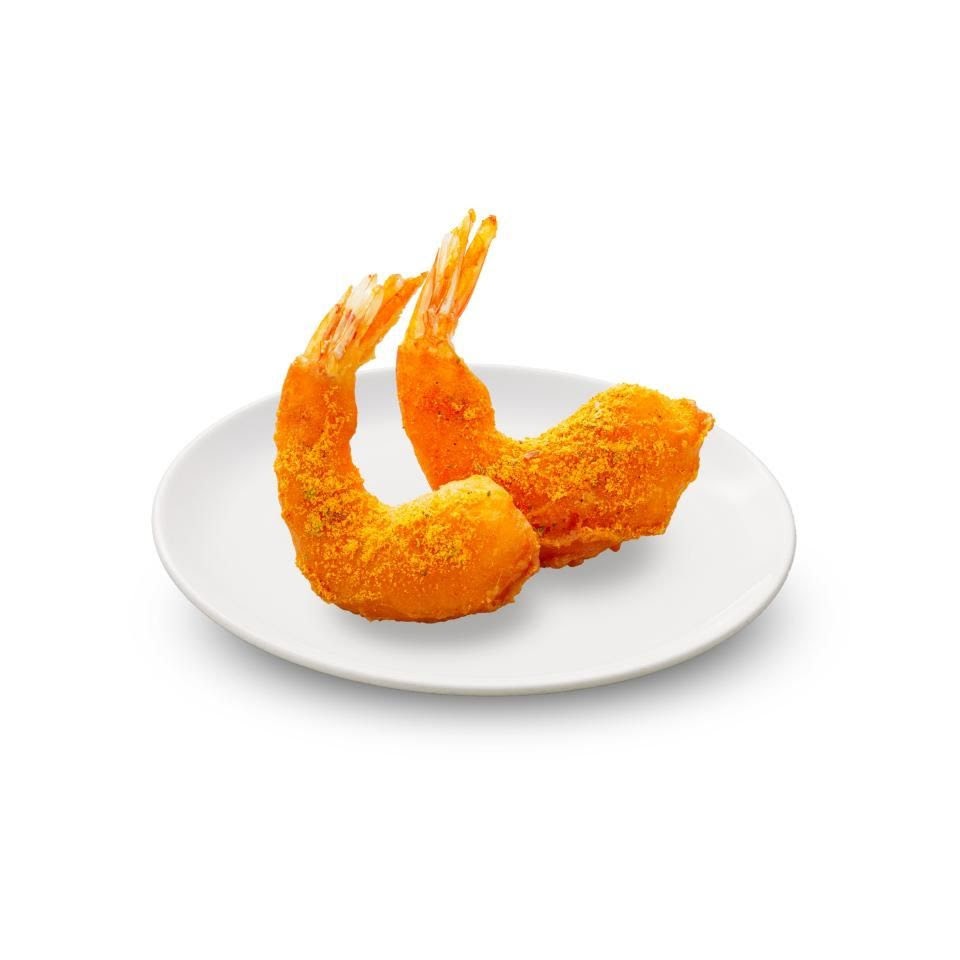 Two golden-fried shrimp, perfectly seasoned, presented on a clean white plate.