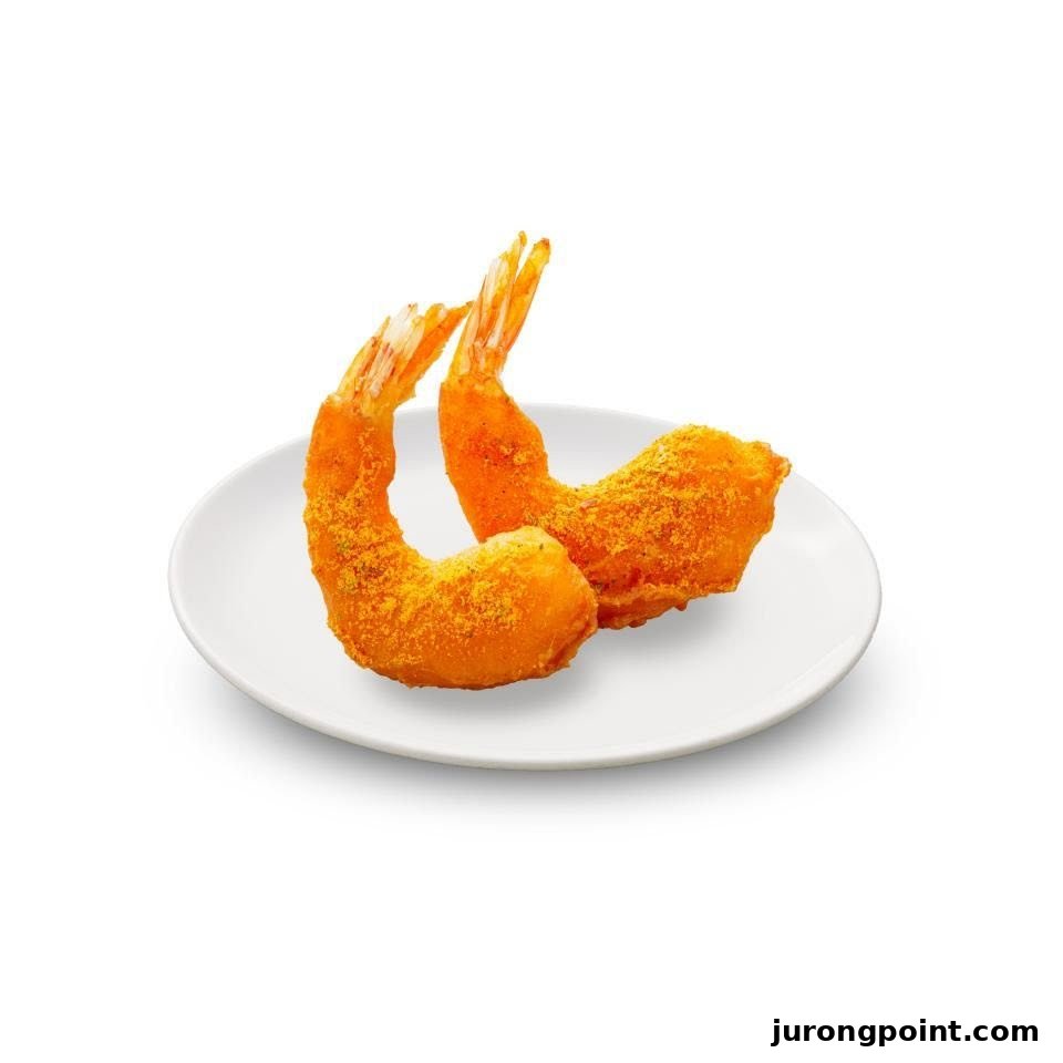Two golden-fried shrimp, perfectly seasoned, presented on a clean white plate.