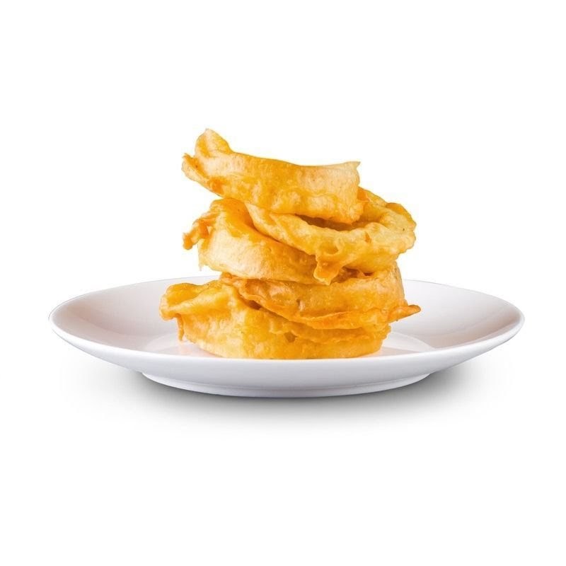 A stack of golden-brown, crispy fried rings, likely onion rings, on a white plate.