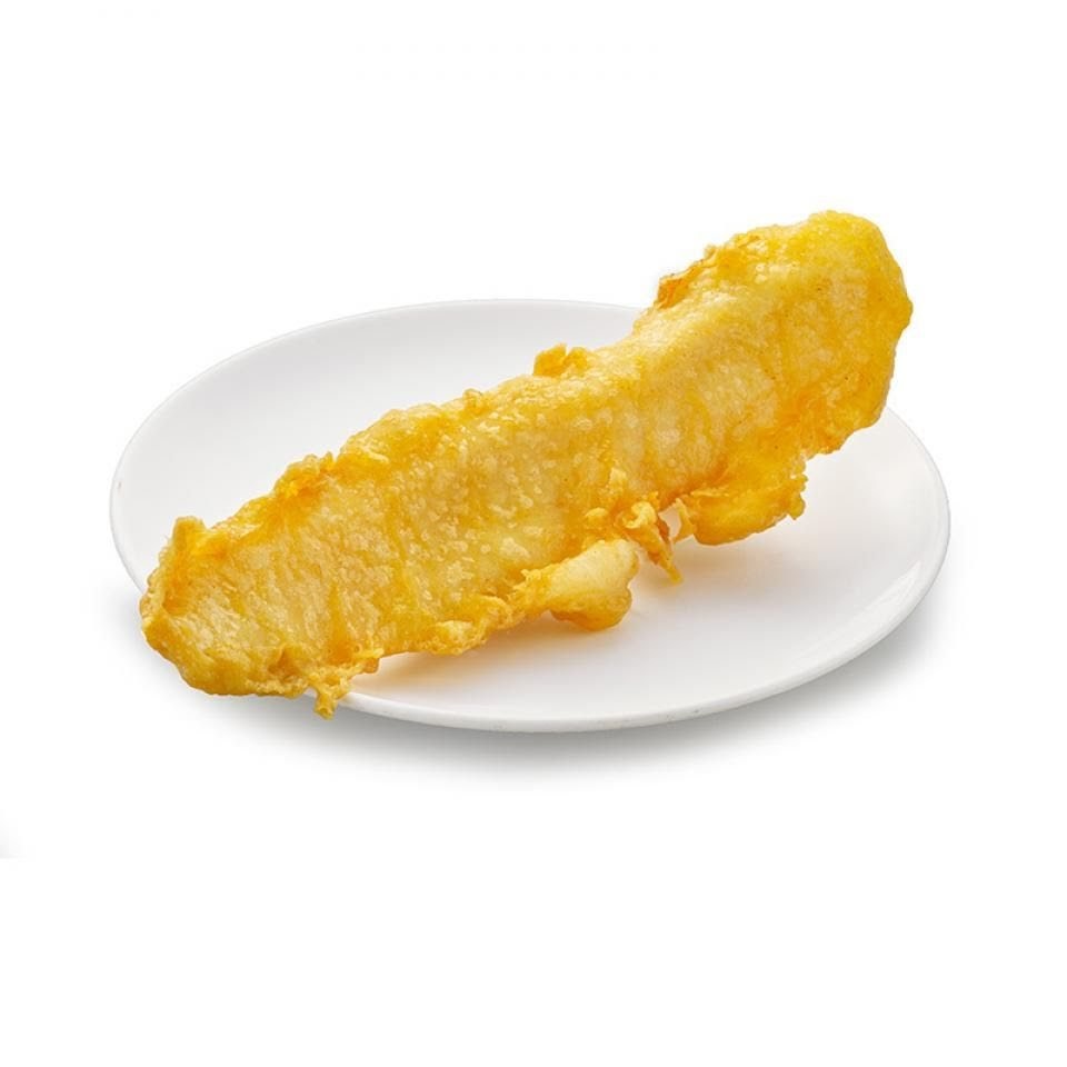 A golden-brown piece of crispy, battered fish on a white plate, ready to be enjoyed.