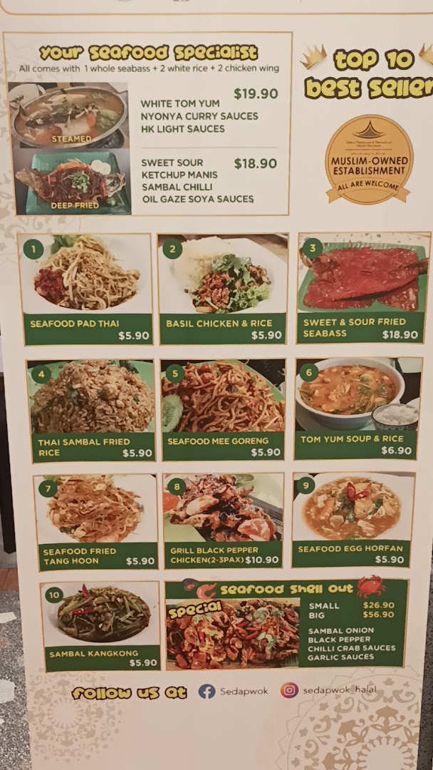 A vibrant menu displaying a variety of Malaysian and Thai seafood and noodle dishes with prices.