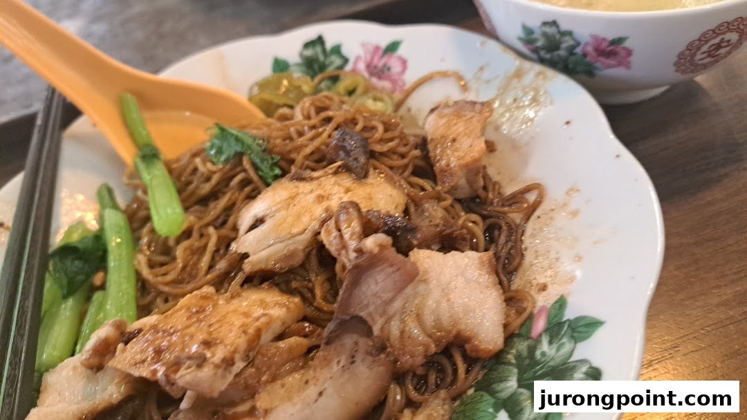 A close-up of delicious Malaysian-style noodles with roasted pork and greens on a floral plate.
