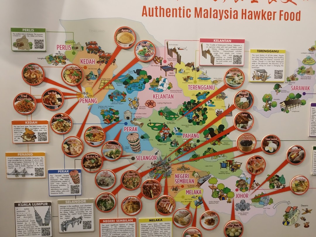 A vibrant map showcasing authentic Malaysian hawker food specialties from various states.