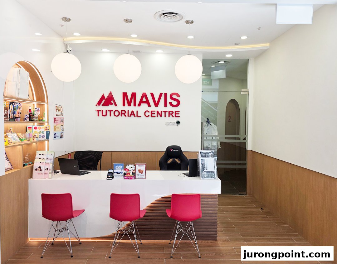 The bright, modern reception area of Mavis Tutorial Centre with a white desk and red chairs.