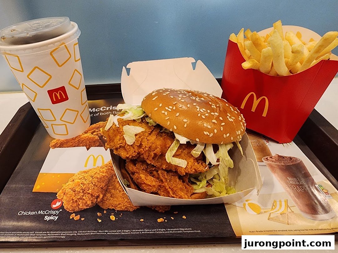 A McDonald's meal featuring a crispy chicken burger, fries, and a drink on a tray.
