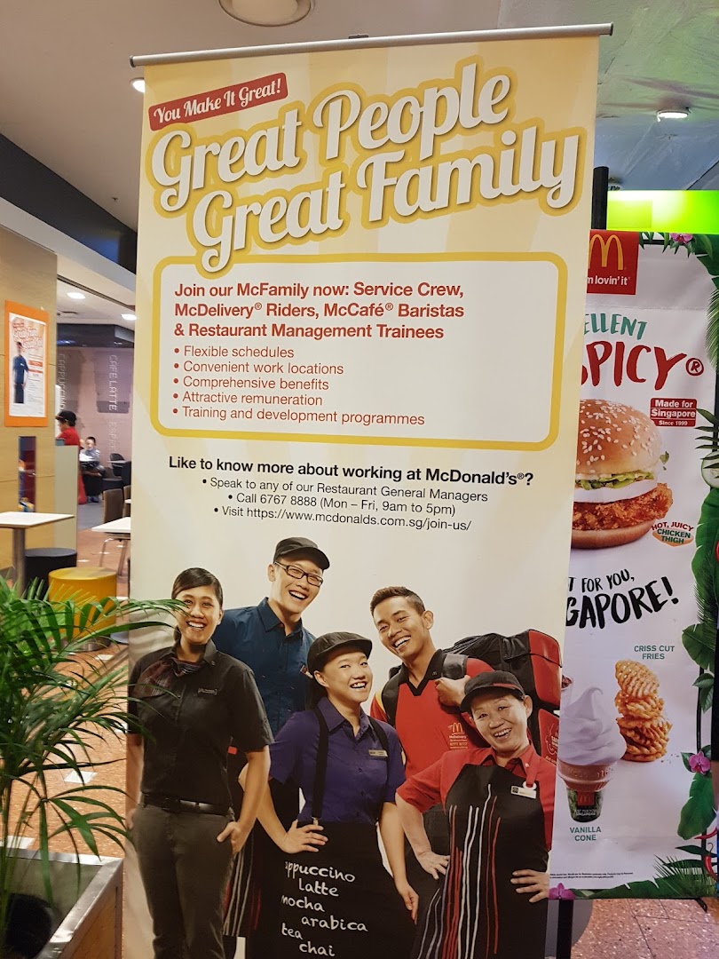 A McDonald's banner advertising job opportunities for service crew, riders, baristas, and management trainees.