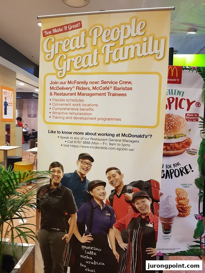 A McDonald's banner advertising job opportunities for service crew, riders, baristas, and management trainees.