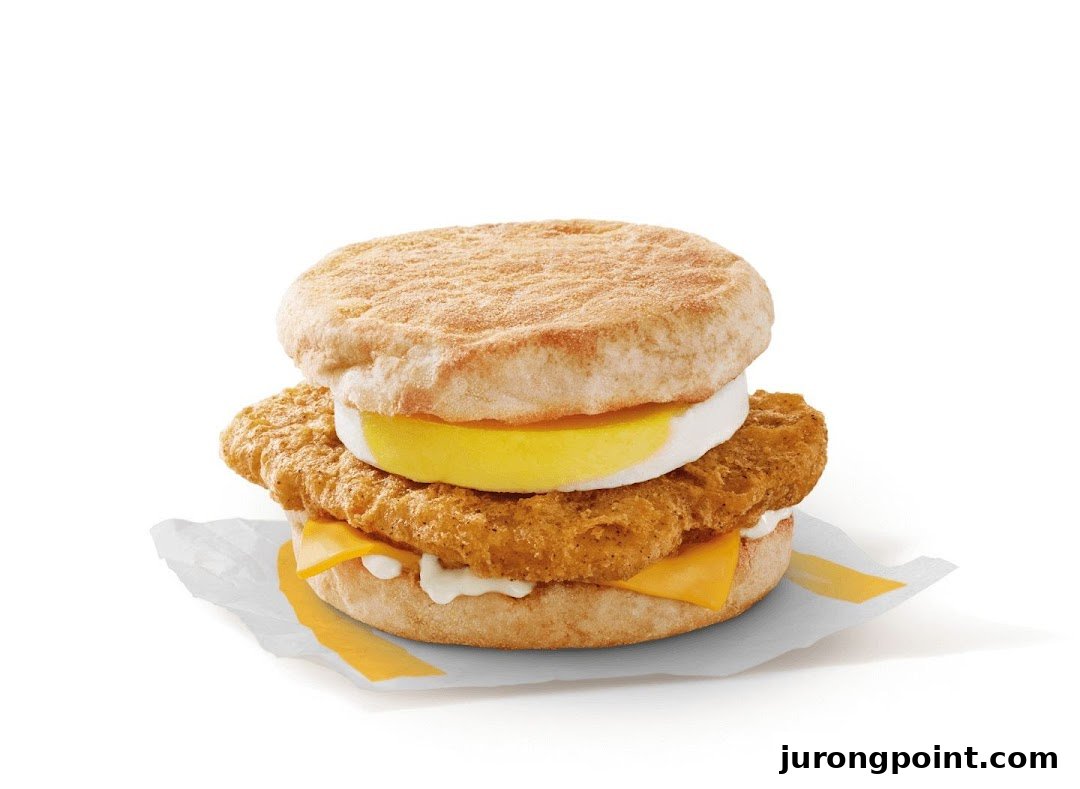 A close-up studio shot of a McDonald's breakfast sandwich with egg, chicken, and cheese.
