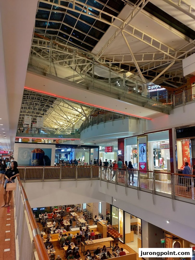 A multi-level shopping mall interior showcasing diverse shops, a bustling food court, and a McDonald's outlet.