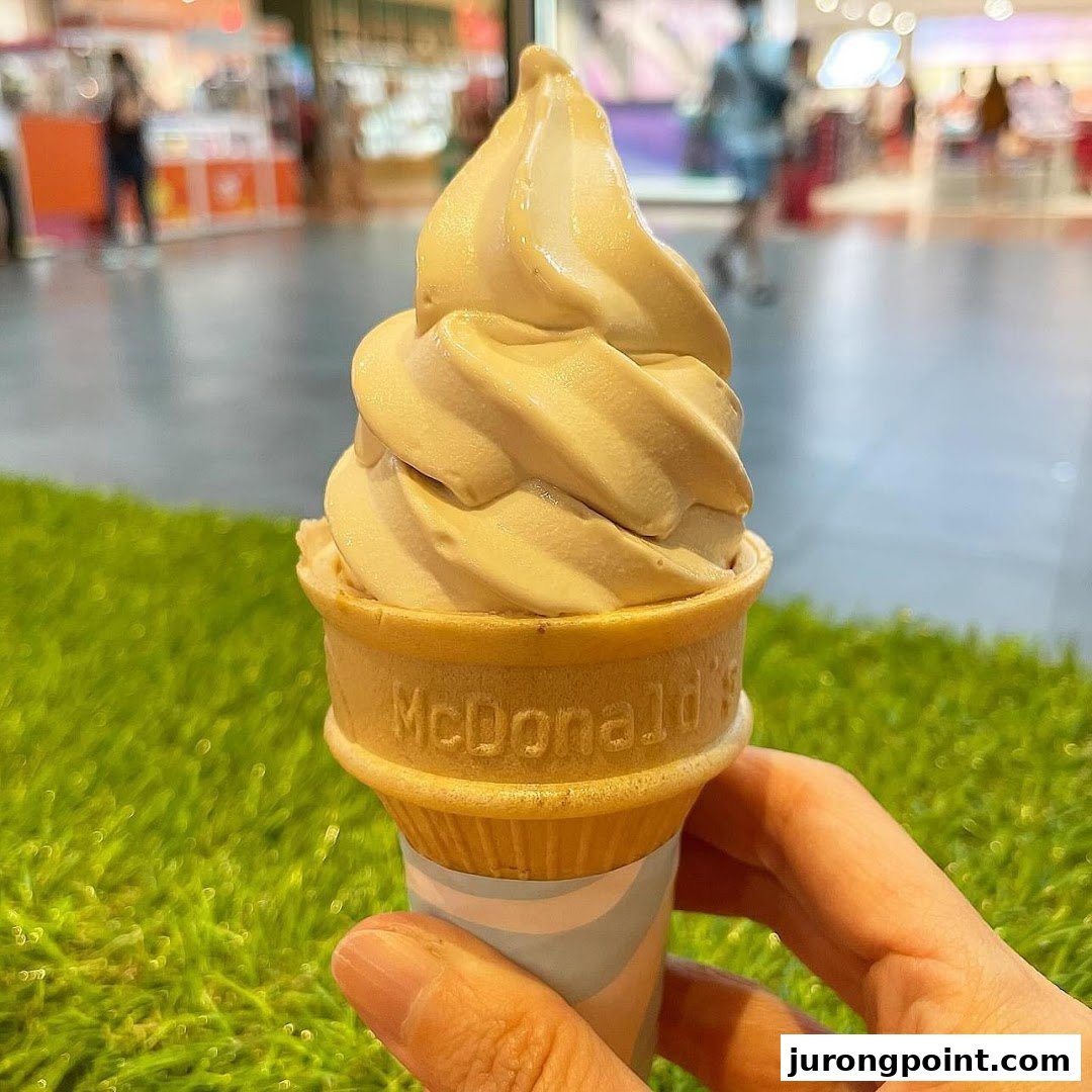 A hand holds a McDonald's soft-serve ice cream cone with the logo visible, set against a mall background.