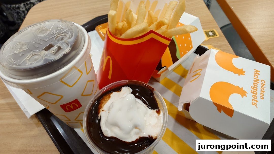 A tray of McDonald's food including fries, a drink, a dessert, and Chicken McNuggets.