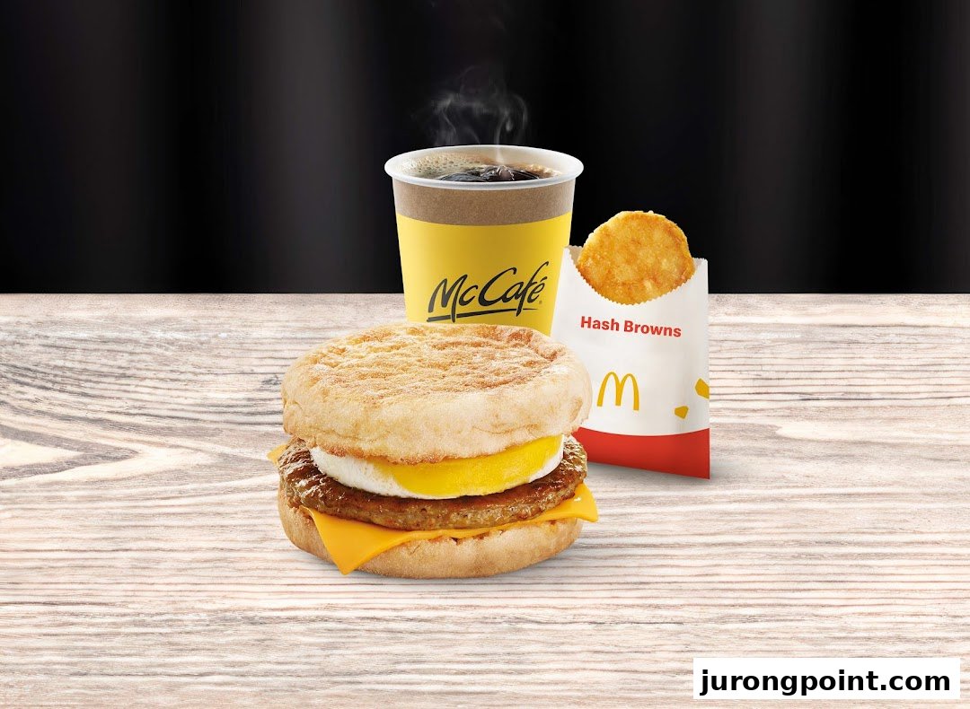 A McDonald's breakfast meal featuring a Sausage McMuffin, McCafé coffee, and hash browns.
