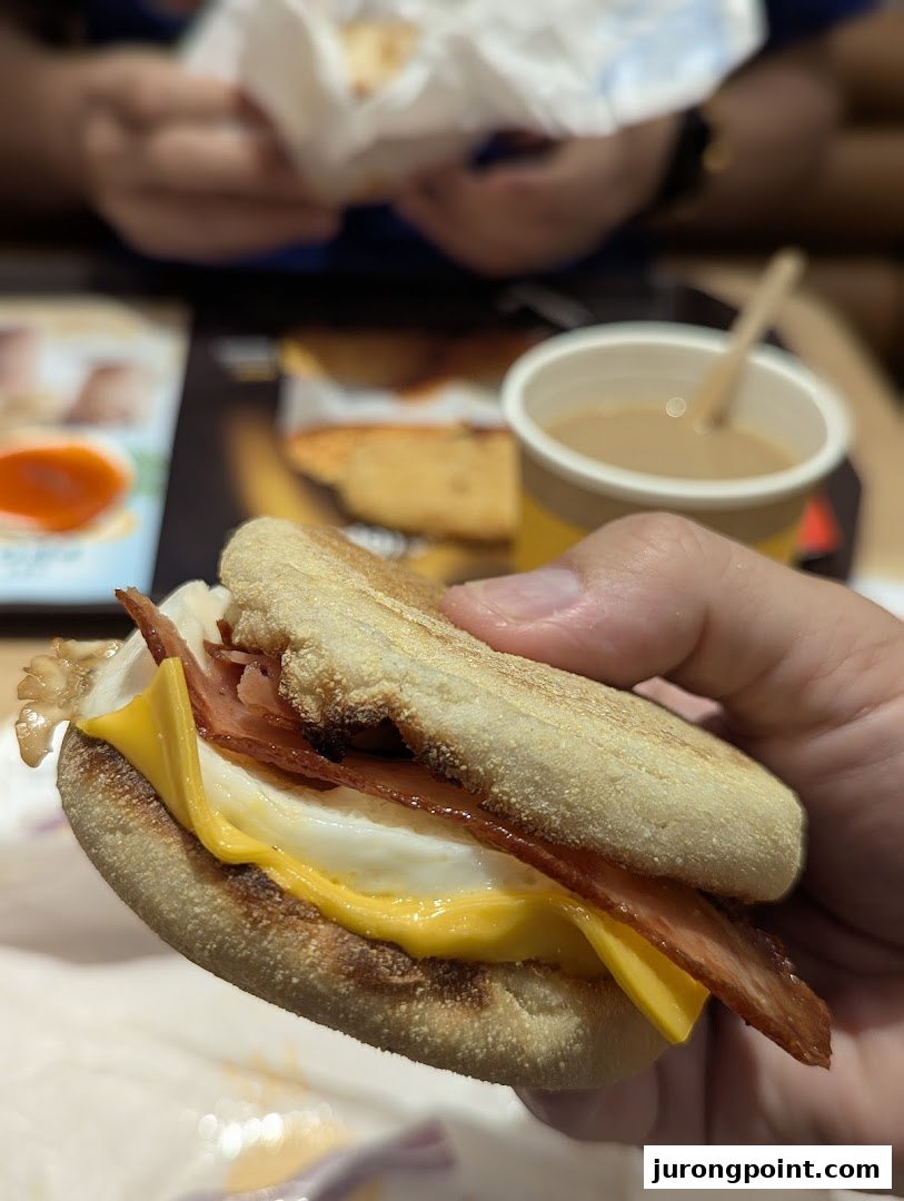 A hand holds a delicious McDonald's breakfast sandwich with egg, cheese, and bacon, alongside a coffee.