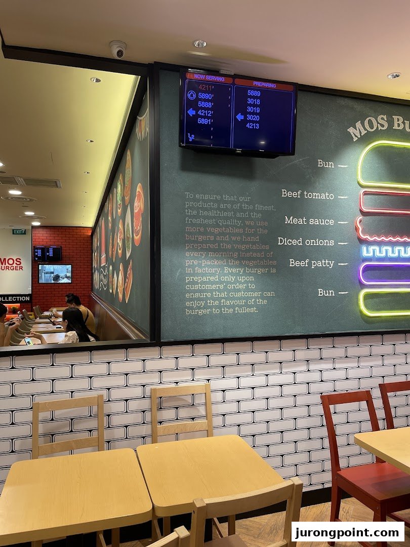 Interior view of MOS Burger showing seating, a large wall graphic detailing burger ingredients, and a queue display.