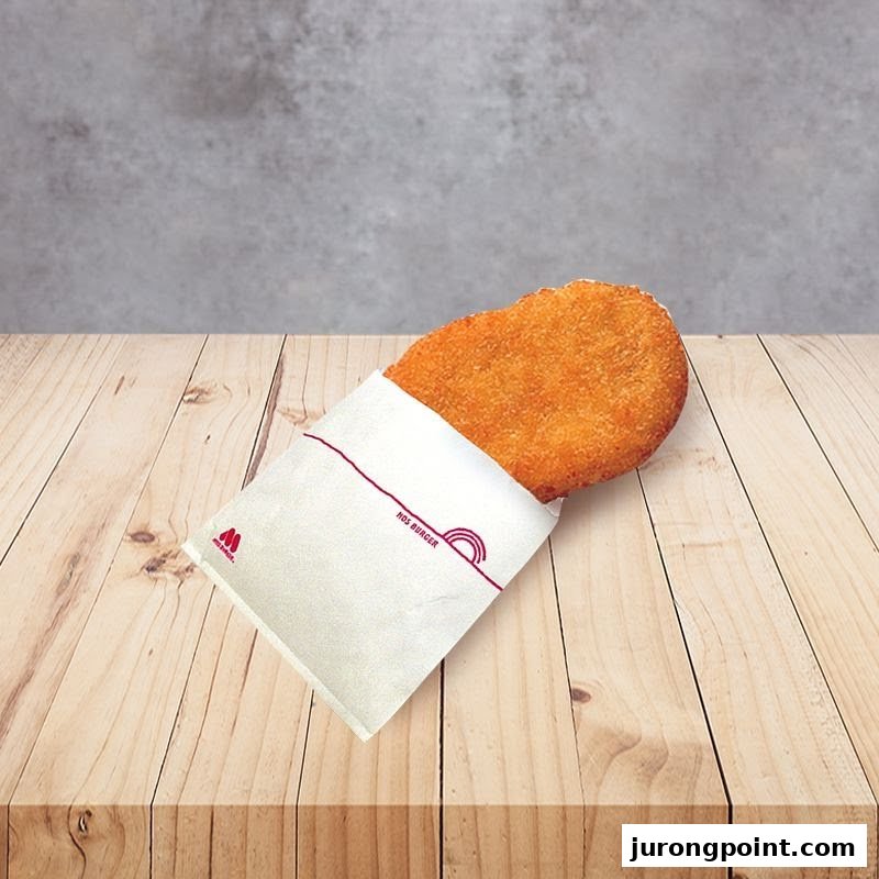 A golden-brown fried patty, likely a hash brown, partially wrapped in a MOS Burger paper sleeve.