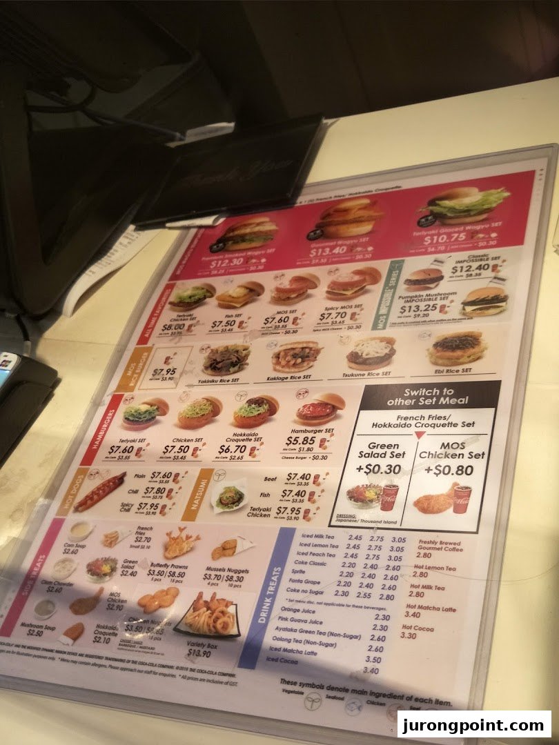 A detailed menu display for MOS Burger, showcasing various burgers, sets, sides, and drinks with prices.