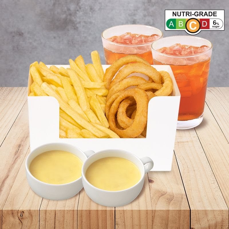 A delicious combo featuring golden fries, crispy onion rings, refreshing drinks, and creamy soups from MOS Burger.