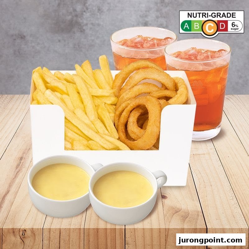 A delicious combo featuring golden fries, crispy onion rings, refreshing drinks, and creamy soups from MOS Burger.