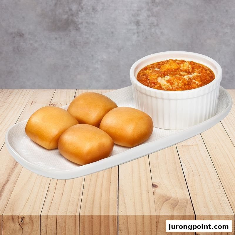 Four golden fried buns served with a rich, savory sauce in a white bowl on a wooden table.