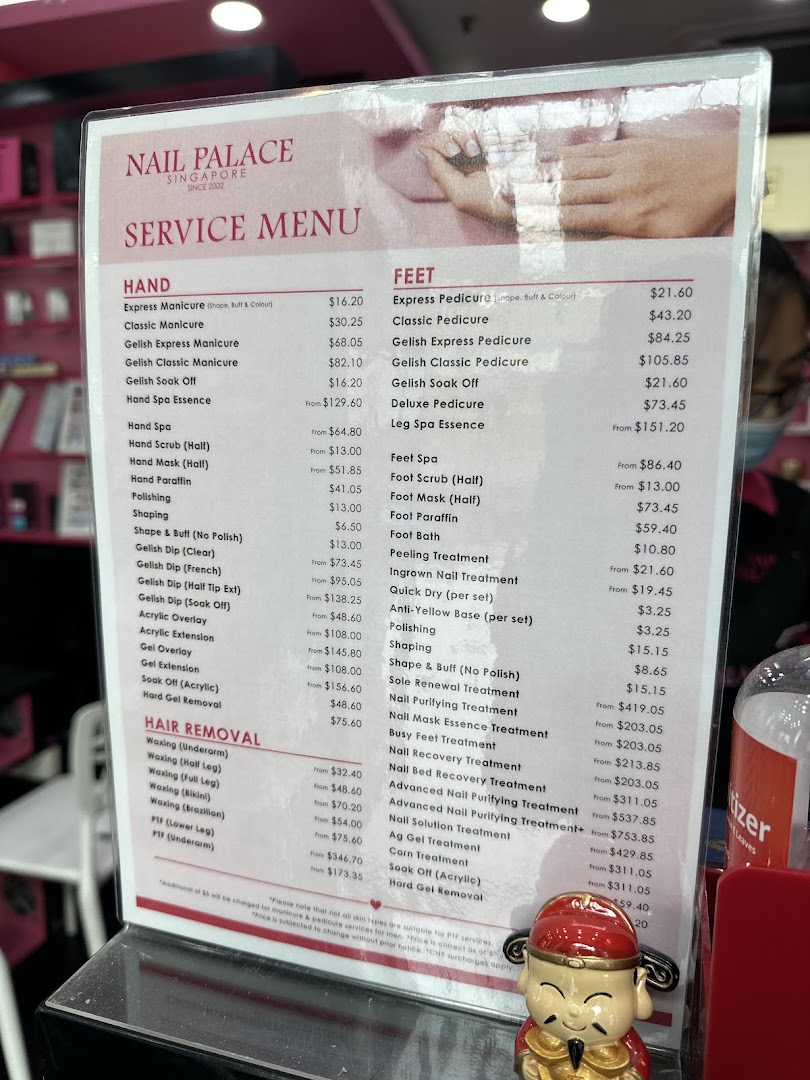 A detailed service menu for Nail Palace, listing various hand, feet, and hair removal treatments with prices.