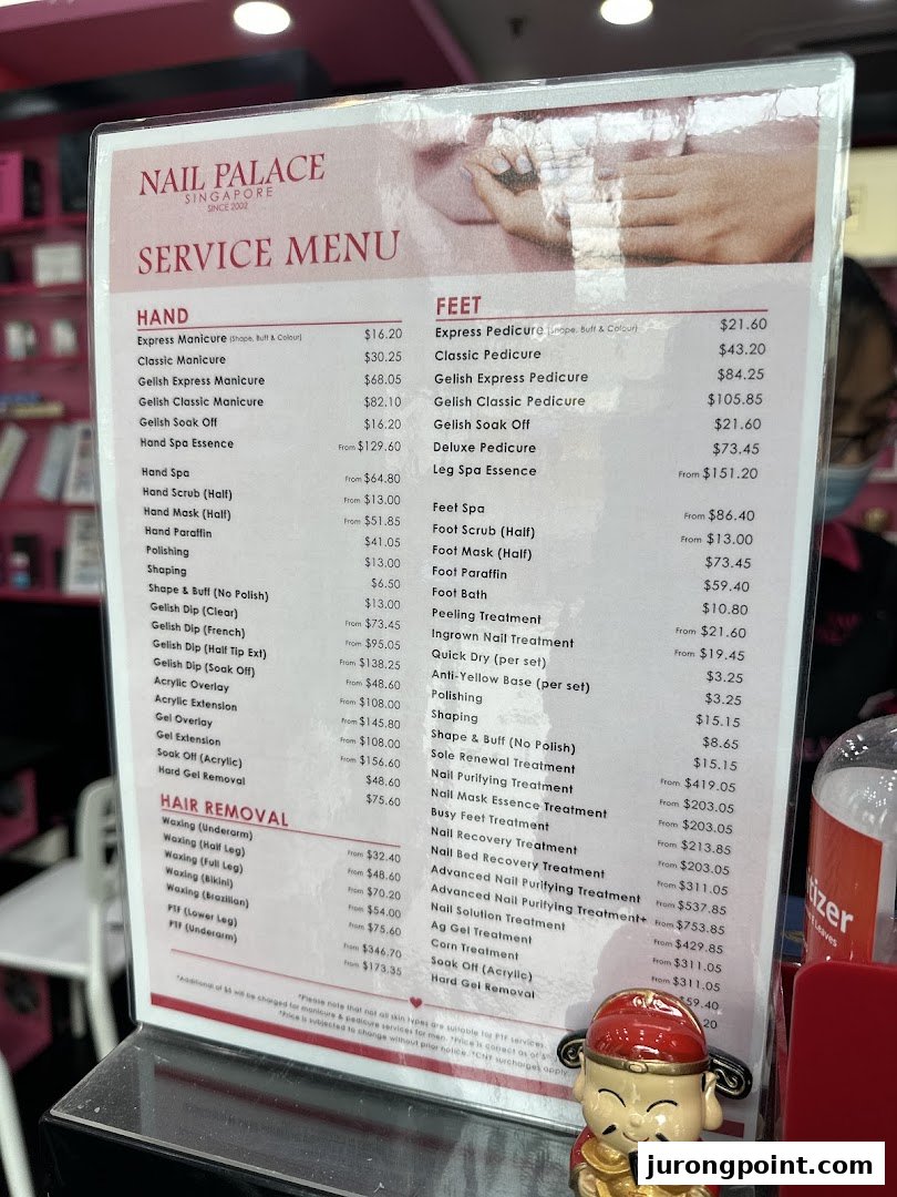 A detailed service menu for Nail Palace, listing various hand, feet, and hair removal treatments with prices.