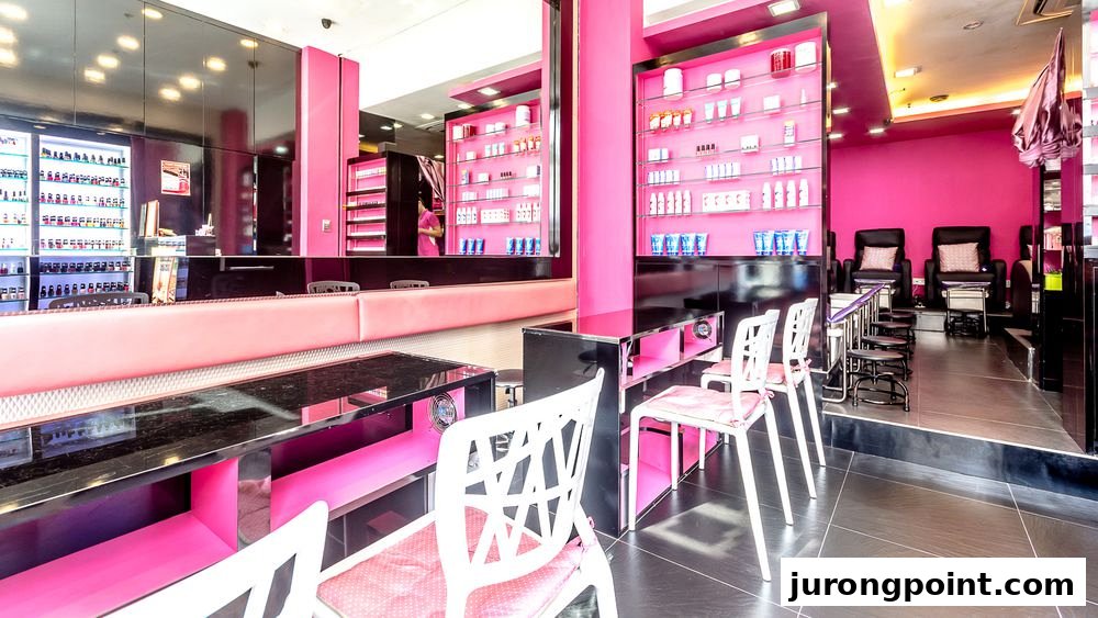 Vibrant pink and black interior of a nail salon with manicure stations and pedicure chairs.