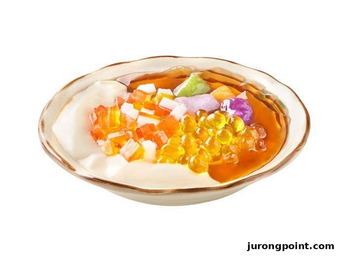 A vibrant bowl of Taiwanese dessert featuring a base with various colorful toppings like jelly cubes and popping pearls.