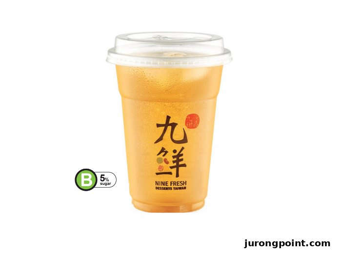 A clear plastic cup filled with an amber-colored drink, branded 'Nine Fresh Desserts Taiwan', with a 'B 5% sugar' label.