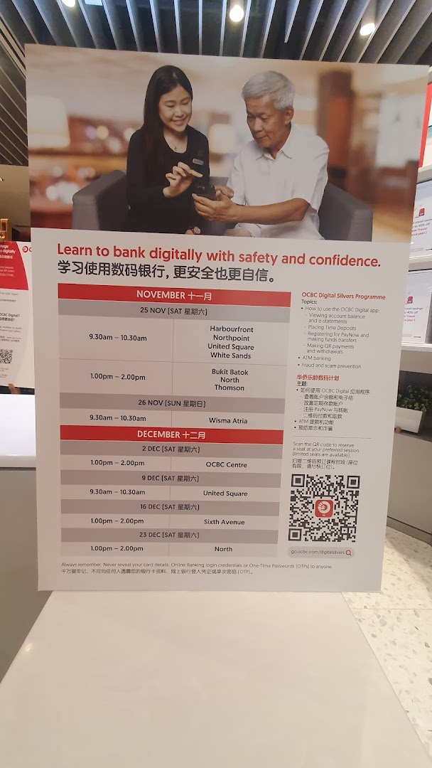 An OCBC Bank poster promoting digital banking literacy for seniors, detailing program topics and session schedules.