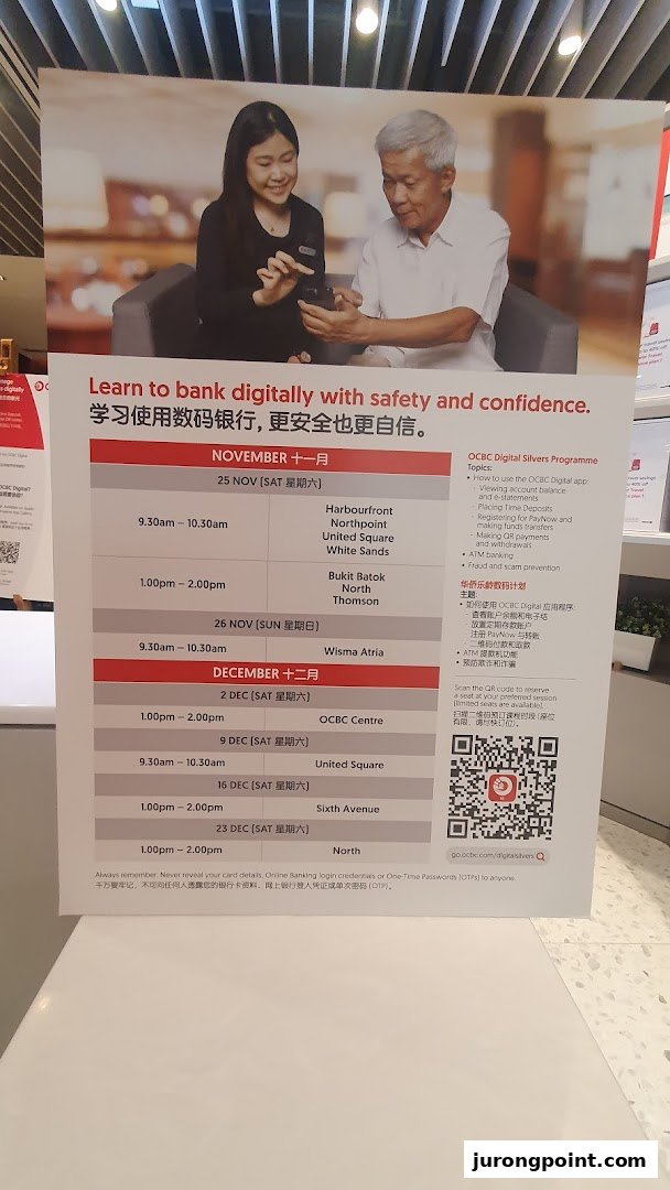 An OCBC Bank poster promoting digital banking literacy for seniors, detailing program topics and session schedules.