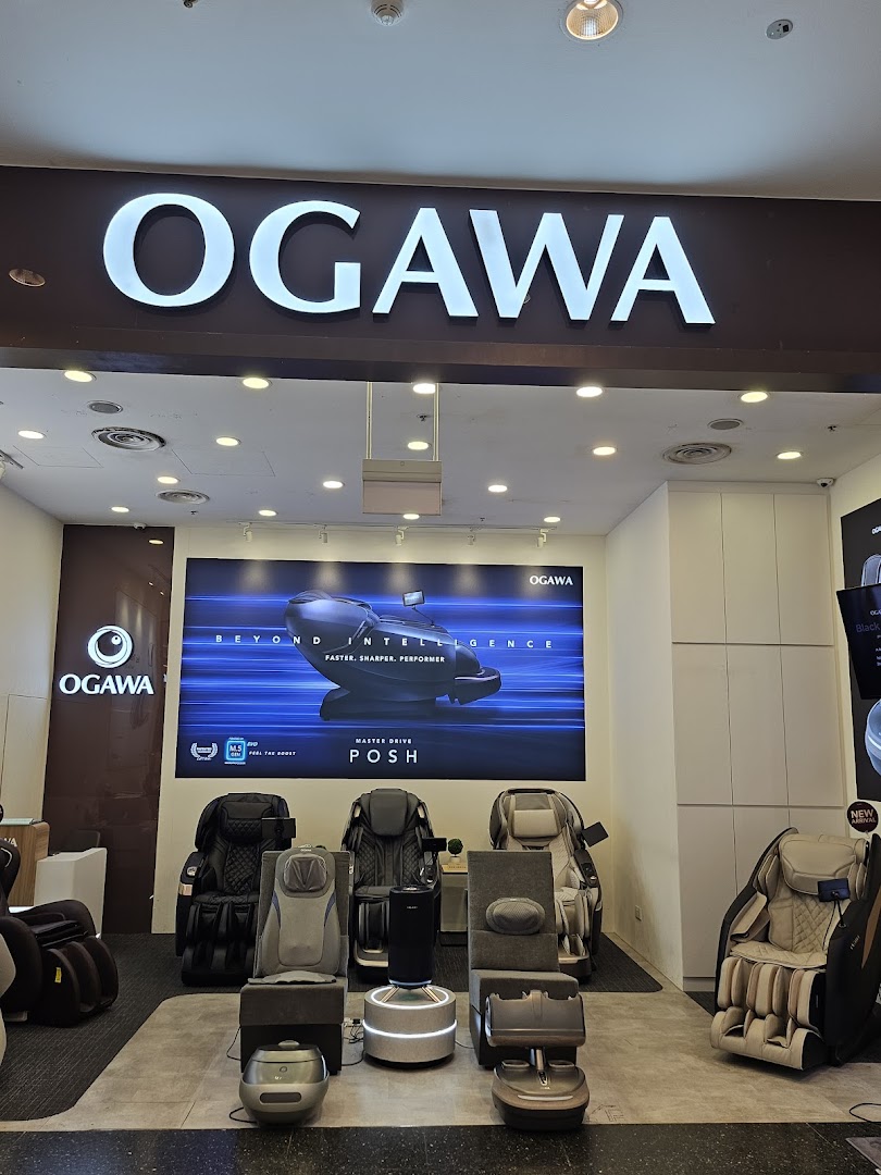 The OGAWA shop entrance showcasing a range of modern massage chairs and wellness products.