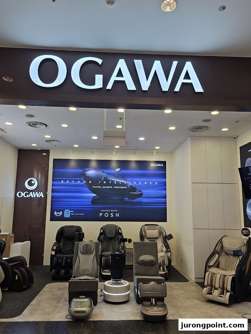 The OGAWA shop entrance showcasing a range of modern massage chairs and wellness products.