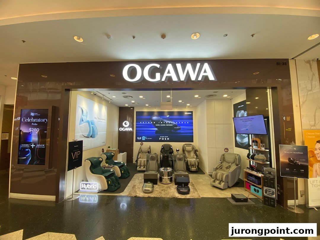 The OGAWA shopfront showcasing a range of luxurious massage chairs and wellness products.