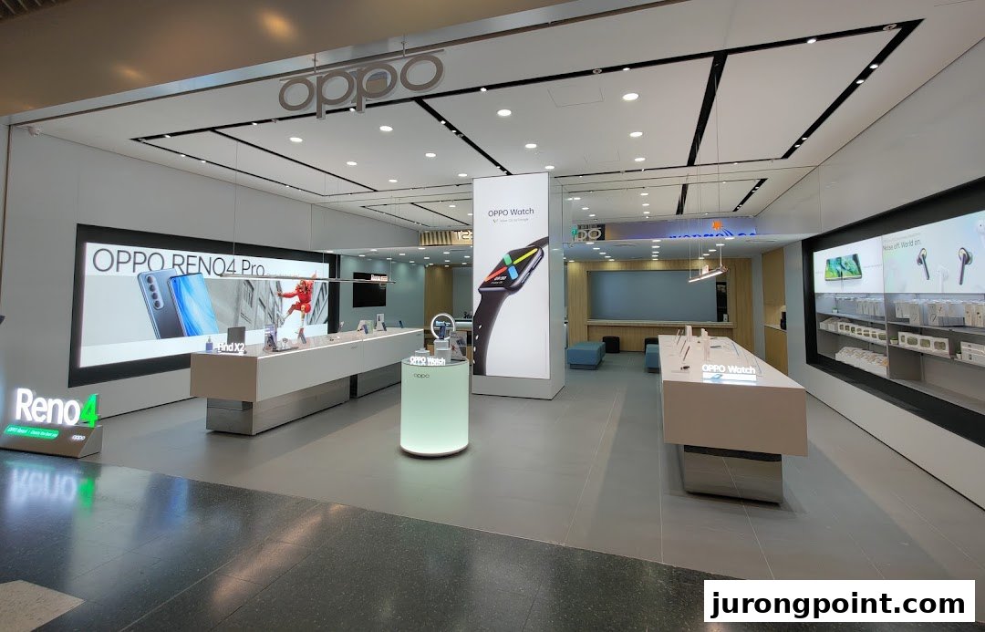 Interior view of the OPPO Concept Store, showcasing smartphones, smartwatches, and accessories on modern displays.
