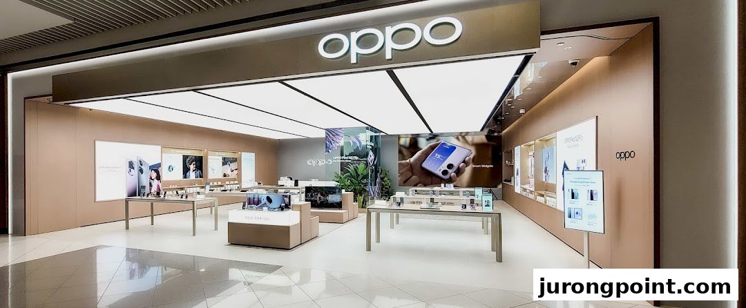 Interior view of a modern OPPO Concept Store showcasing smartphones, smart gadgets, and interactive displays.